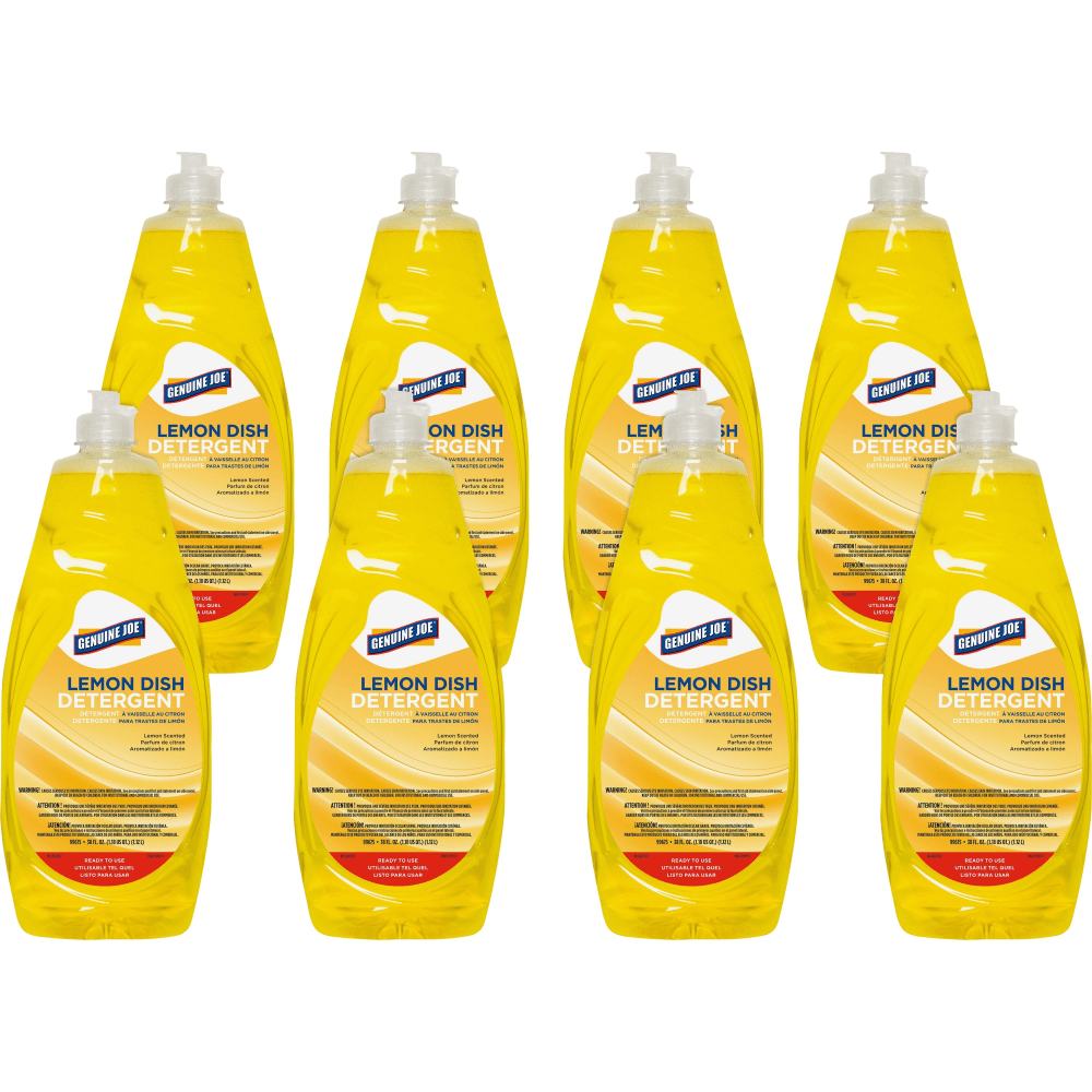 Genuine Joe Dish Detergent - For Pot - Concentrate - 38 fl oz (1.2 quart) - Lemon Scent - Heavy Duty, Durable - Yellow - 8/Carton - 99675CT