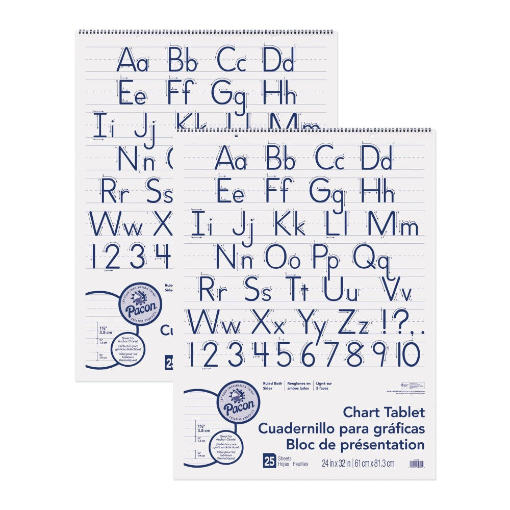 Pacon Chart Tablets, 24in x 32in, 1-1/2in Ruled, 25 Sheets, Manuscript Cover, Pack Of 2 Tablets