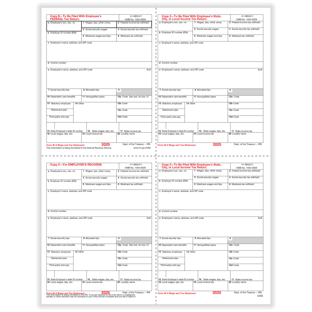 ComplyRight W-2 Tax Forms, Employee's Copies B, C, 2 & 2 Combined, 4-Up (Box Format), 8-1/2in x 11in, Pack Of 500 Forms, 5205B25
