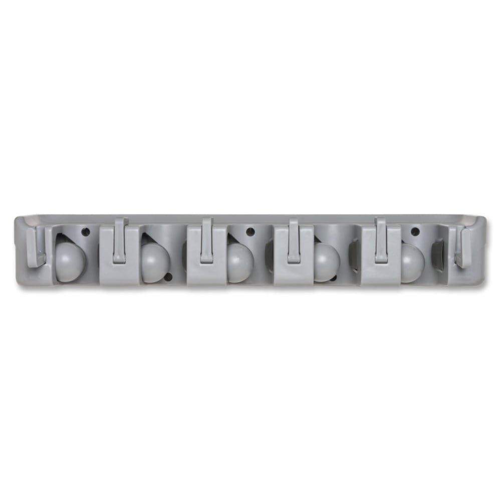 Genuine Joe Cleaning Tool Wall Organizer Rack, 5 x Broom, 3.75inH x 16.50inW x 2.75inD, Gray, ABS Plastic, 24 / Carton