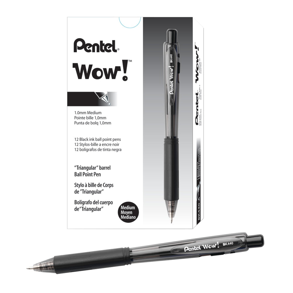 Pentel WOW! Retractable Ballpoint Pens, Medium Point, 1.0 mm, Transparent Black Barrels, Black Ink, Pack Of 12