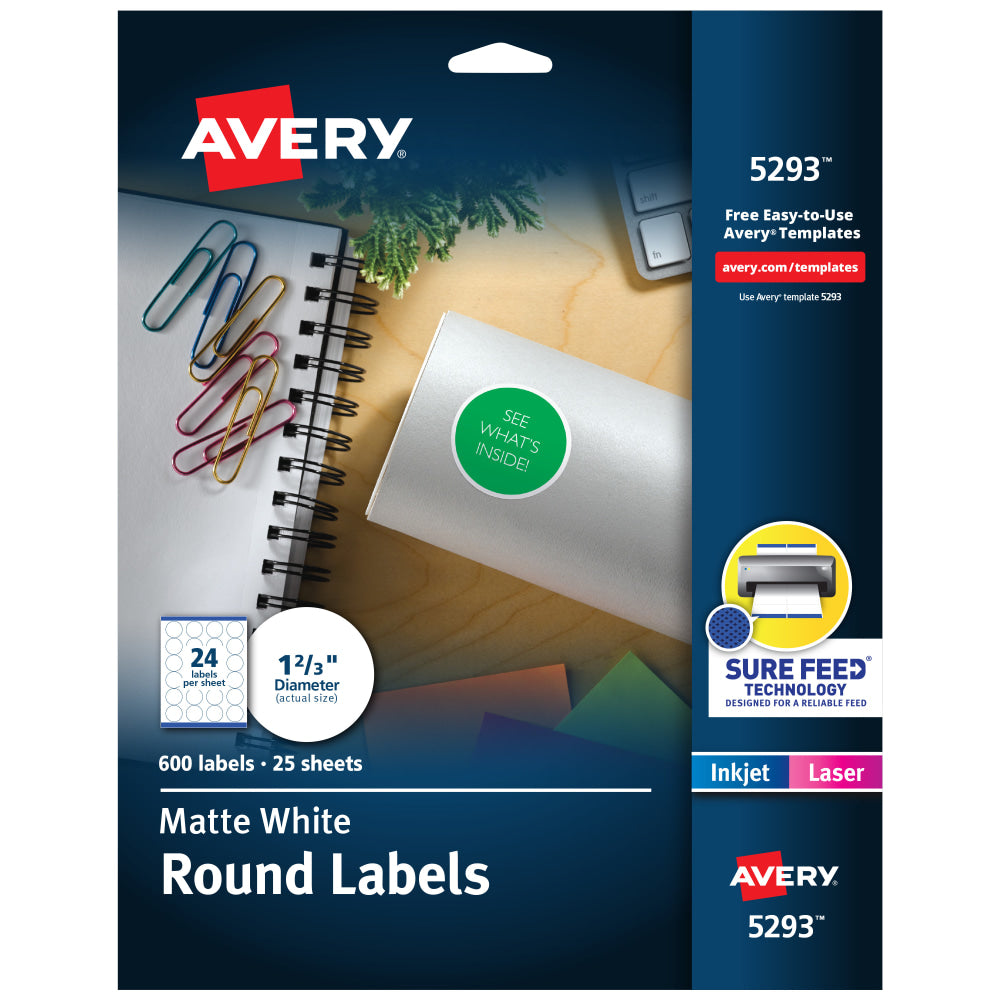 Avery High Visibility Labels With Sure Feed For Laser Printers, 5293, Round, 1-2/3in, White, Pack Of 600