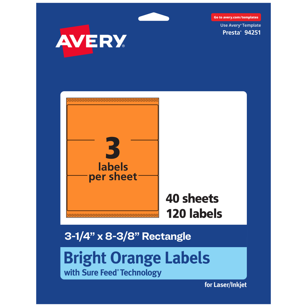 Avery Printable Labels With Sure Feed Technology, 94251-BOP40, Rectangle, 3-1/4in x 8-3/8in, Matte Bright Orange, Pack of 120