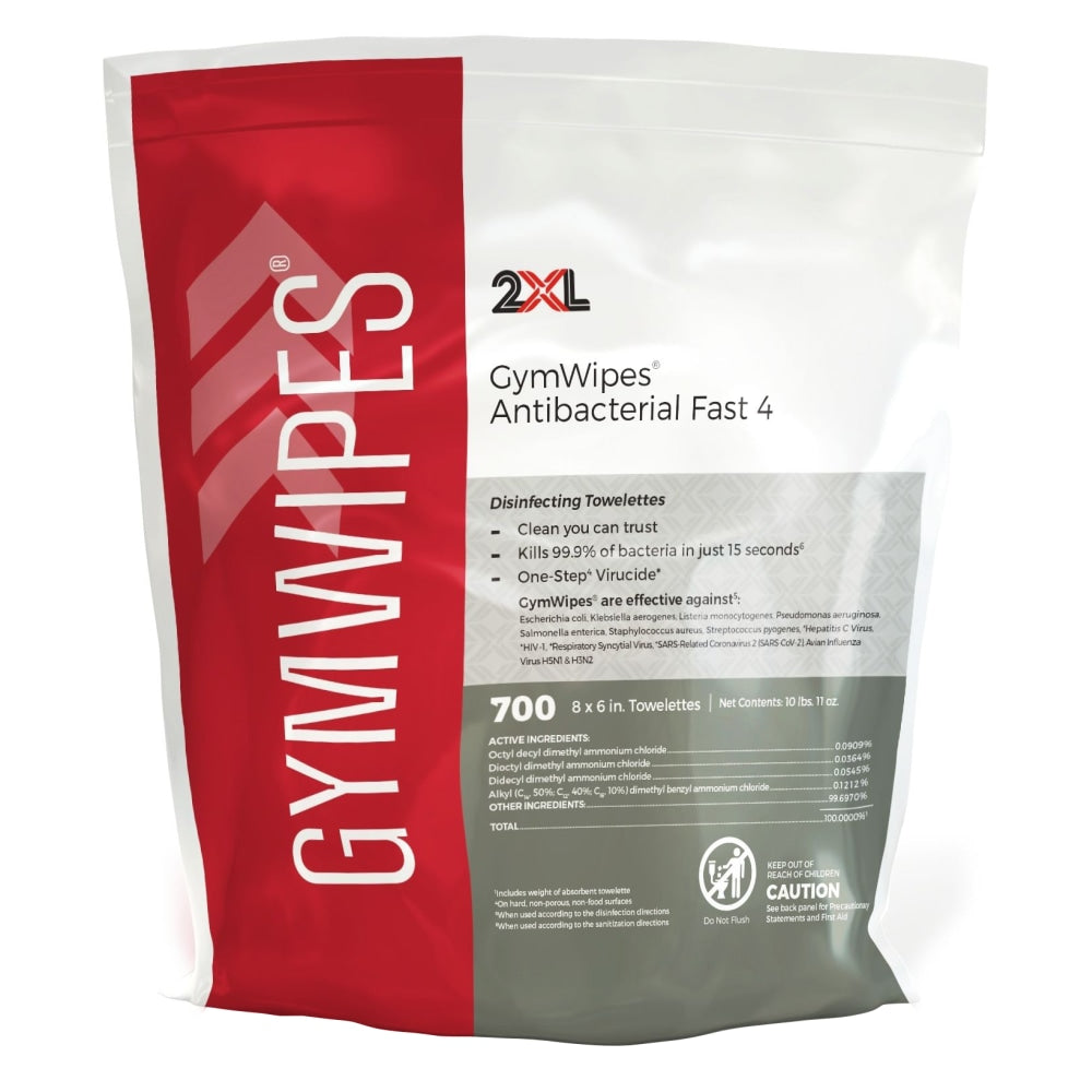 2XL GymWipes Antibacterial Towelettes Bucket Refill, 8in x 6in, Citrus Scent, 700 Sheets Per Container, Set Of 4 Containers