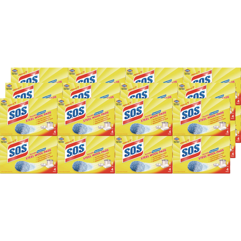 S.O.S. Steel Wool Soap Pad, Steel, 4/Box, 24 Boxes/Carton