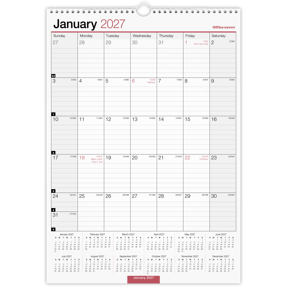 Office Depot Brand Monthly Wall Calendar, 12in x 17in, White, January 2027 to December 2027, OD30162827