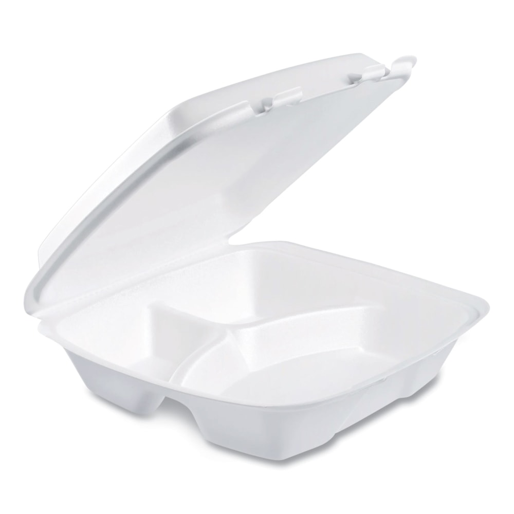 Dart Foam Hinged-Lid Containers, Performer Perforated Lid, 3-Compartment, 3inH x 9inW x 9-7/16inD, White, 100 Containers Per Bag, Carton Of 2 Bags