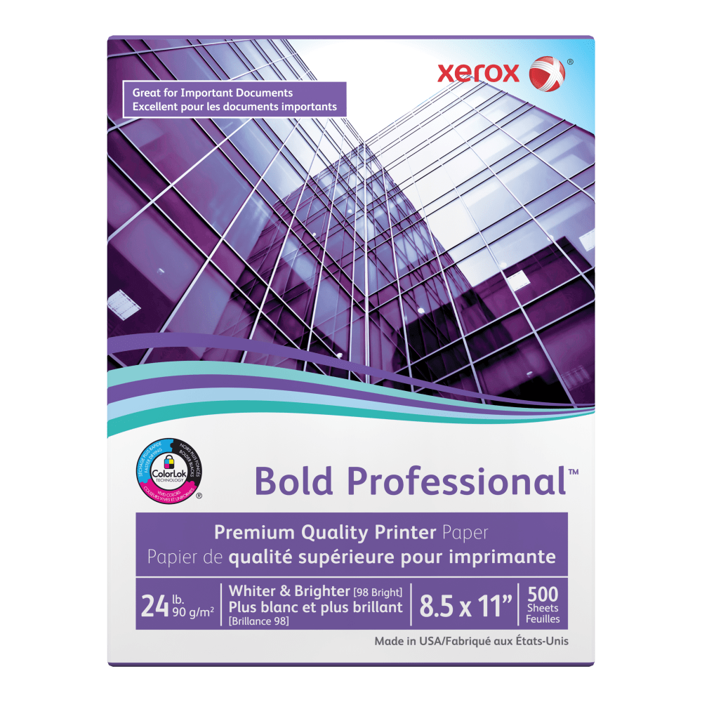 Xerox Bold Professional Premium Quality Inkjet Or Laser Paper, 1 Ream, Letter Size, Ream Of 500 Sheets, 24 Lb, 98 Brightness - 3R13038
