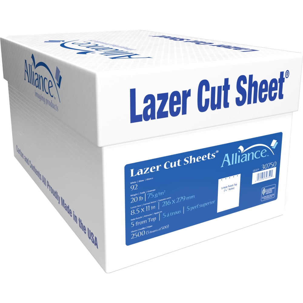 Alliance Processed Lazer Cut Sheet Copy Paper, 5 Reams, White, 8-1/2in x 11in, 5-Hole Punch, 92+ Bright, 20 Lb, White, 500 Sheets Per Ream