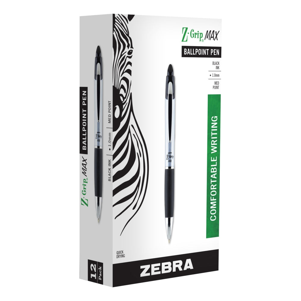 Zebra Pen Z-Grip Max Retractable Ballpoint Pens, Pack Of 12, Medium Point, 1.0 mm, Silver Barrel, Black Ink