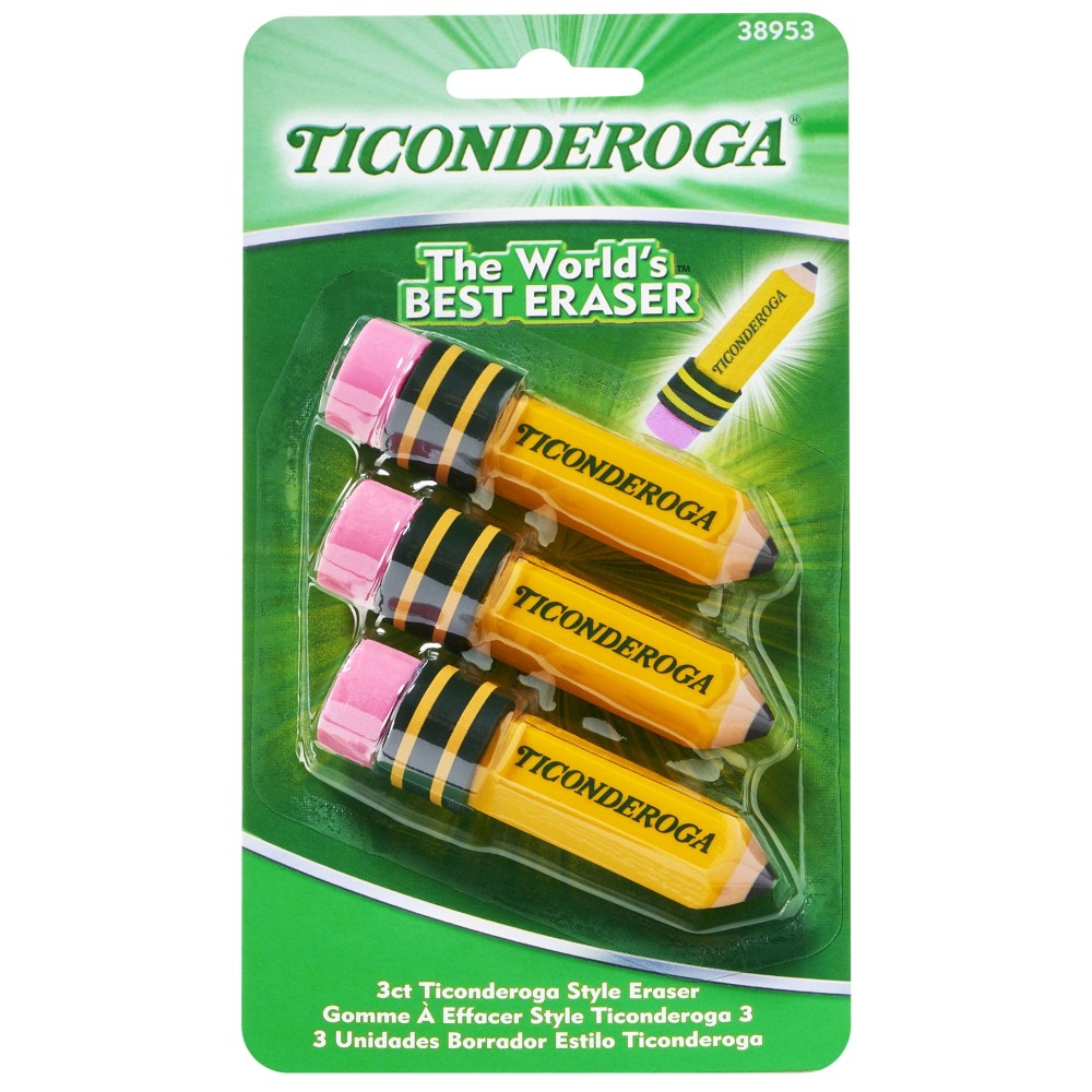 TICONDEROGA Erasers, Pencil Shaped, Yellow, 3 ct (38953)