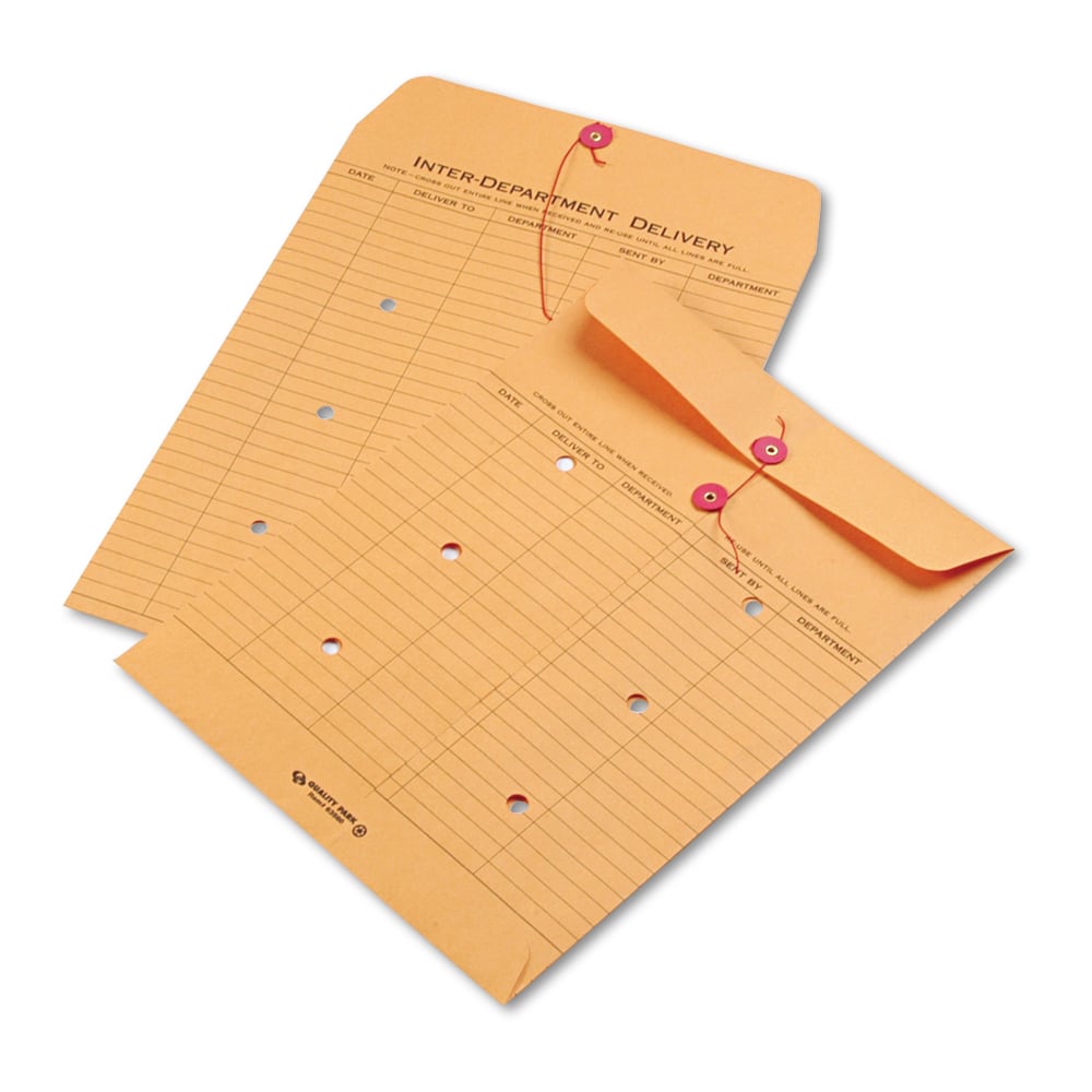 Quality Park Inter-Department Envelopes, 10in x 13in, 2-Side Narrow-Rule, Button & String, 20% Recycled, Brown, Pack Of 100