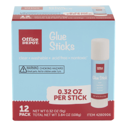 Office Depot Brand Glue Sticks, 0.32 Oz, Clear, Pack Of 12 Glue Sticks