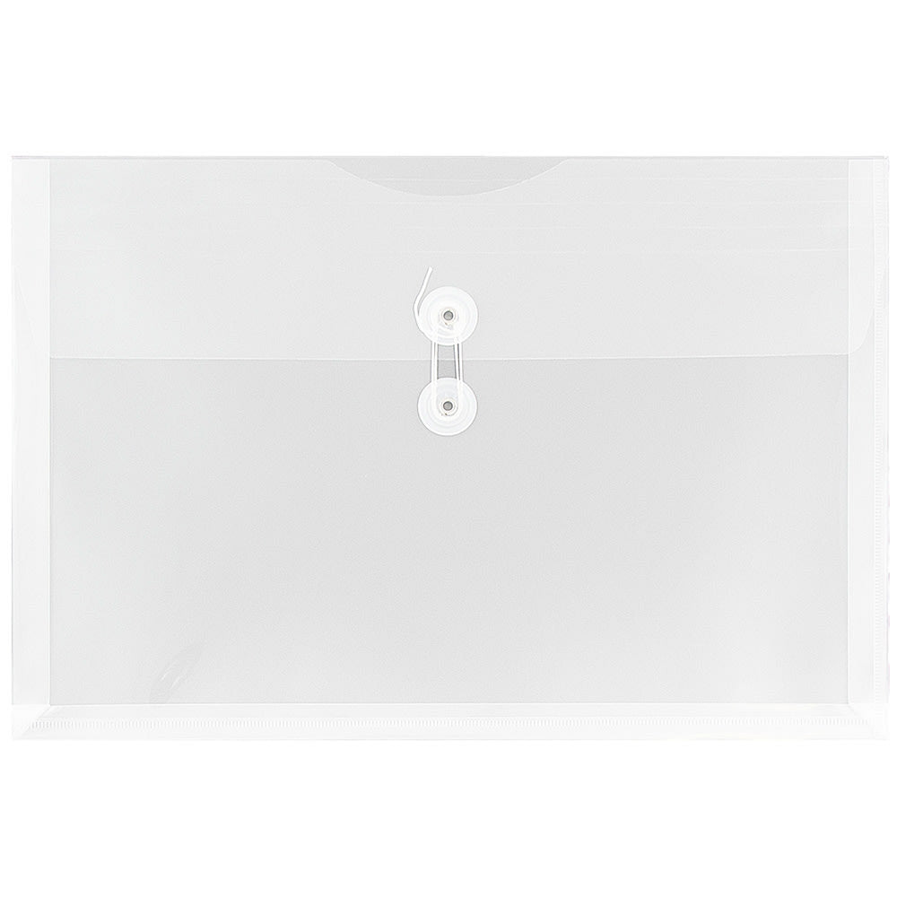 JAM Paper Plastic Booklet Envelopes, Legal-Size, 9 3/4in x 14 1/2in, Button & String, Clear, Pack Of 12