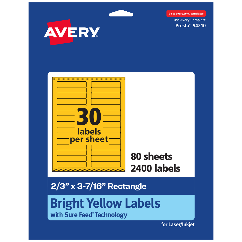 Avery Printable Labels With Sure Feed Technology, 94210-BYP80, Rectangle, 2/3in x 3-7/16in, Matte Bright Yellow, Pack of 2400