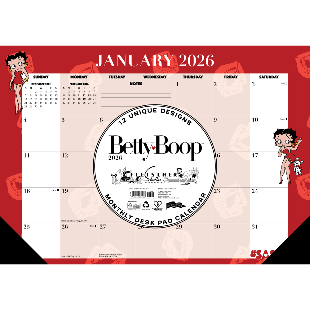 2026 Willow Creek Press Monthly Desk Pad Calendar, 12in x 17in, Betty Boop, January To December, 57087