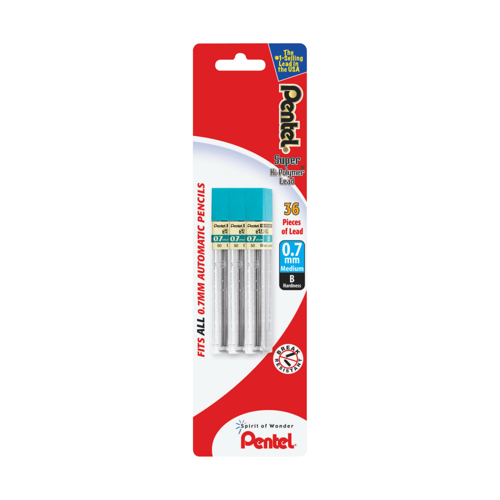 Pentel Super Hi-Polymer Lead Refills, Medium Point, 0.7 mm, B Hardness, Pack Of 36 Refills