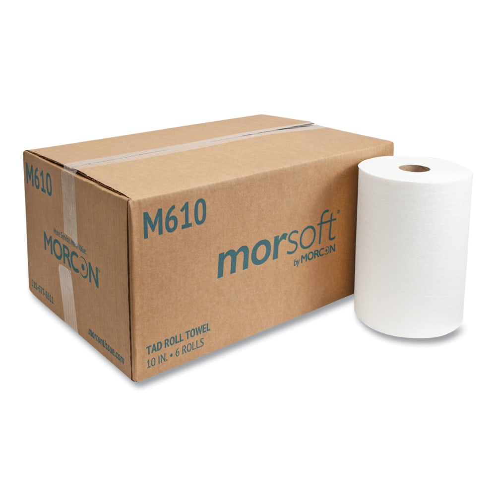 Morcon Tissue 10 Inch TAD Roll Towels, 1-Ply, 10in x 500 ft, White, 6 Rolls/Carton