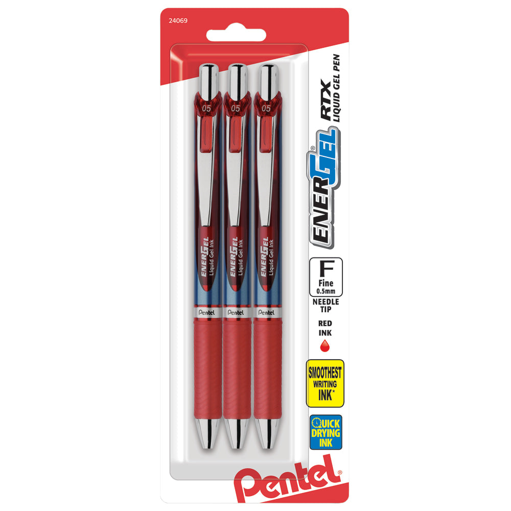 Pentel EnerGel RTX Retractable Liquid Gel Pens, Fine Point, 0.5mm, 54% Recycled, Assorted Barrel Colors, Red Ink, Pack Of 3 Pans