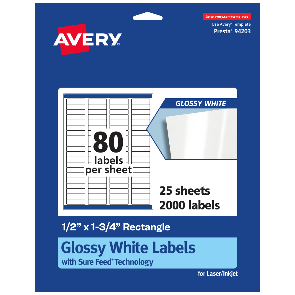 Avery Glossy Permanent Labels With Sure Feed, 94203-WGP25, Rectangle, 1/2in x 1-3/4in, White, Pack Of 2,000