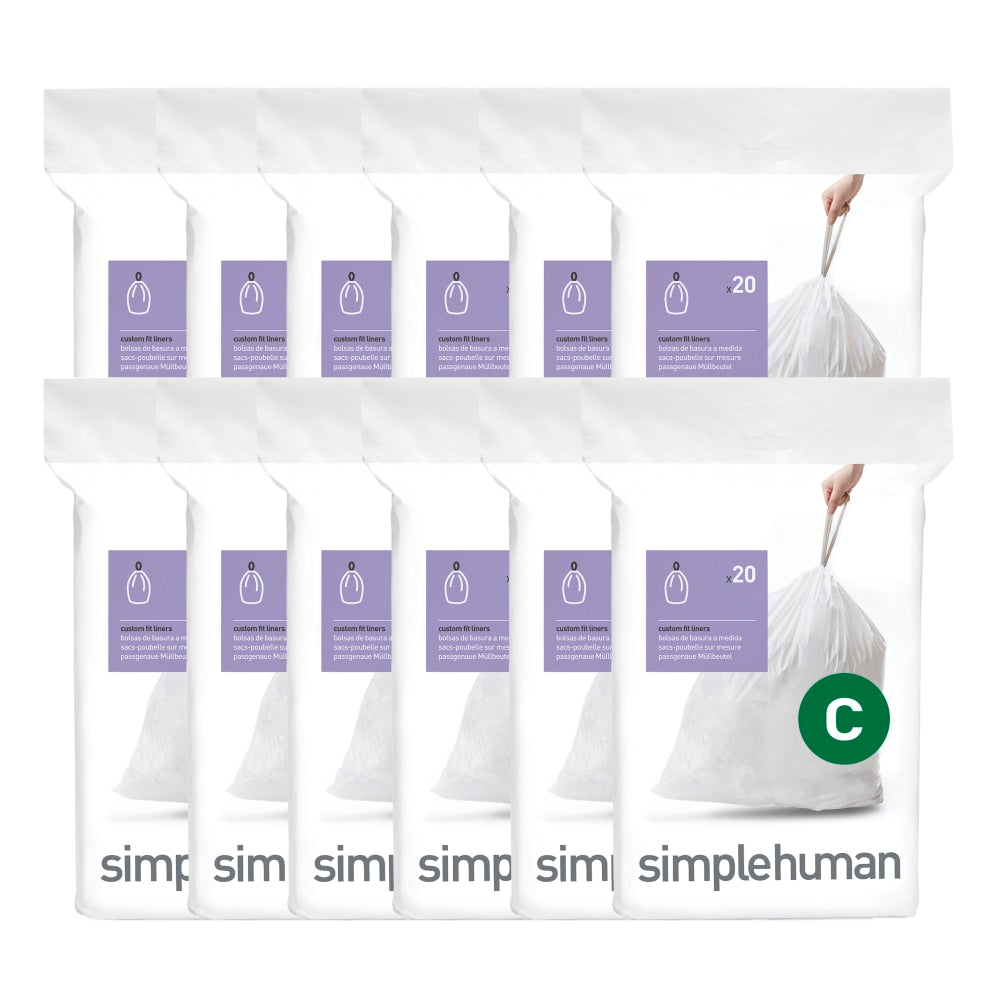 simplehuman Code C Custom-Fit Can Liners, 0.3mil, 2.6-3.2 Gallons, White, Box Of 240