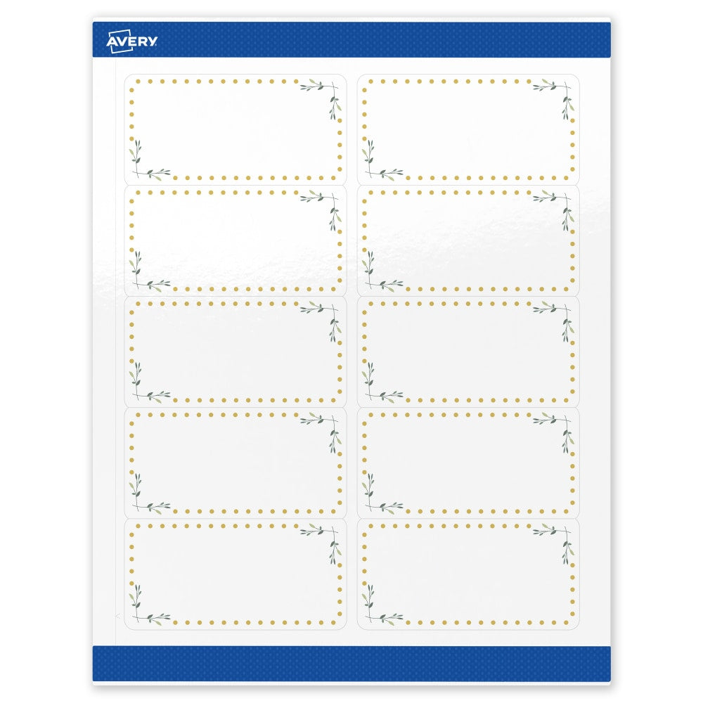Avery Printable Labels & Sure Feed, S00-DNC-PRWGP10, 2in x 4in, Glossy White, Preprinted Green Floral & Gold Dots Design, Pack Of 100