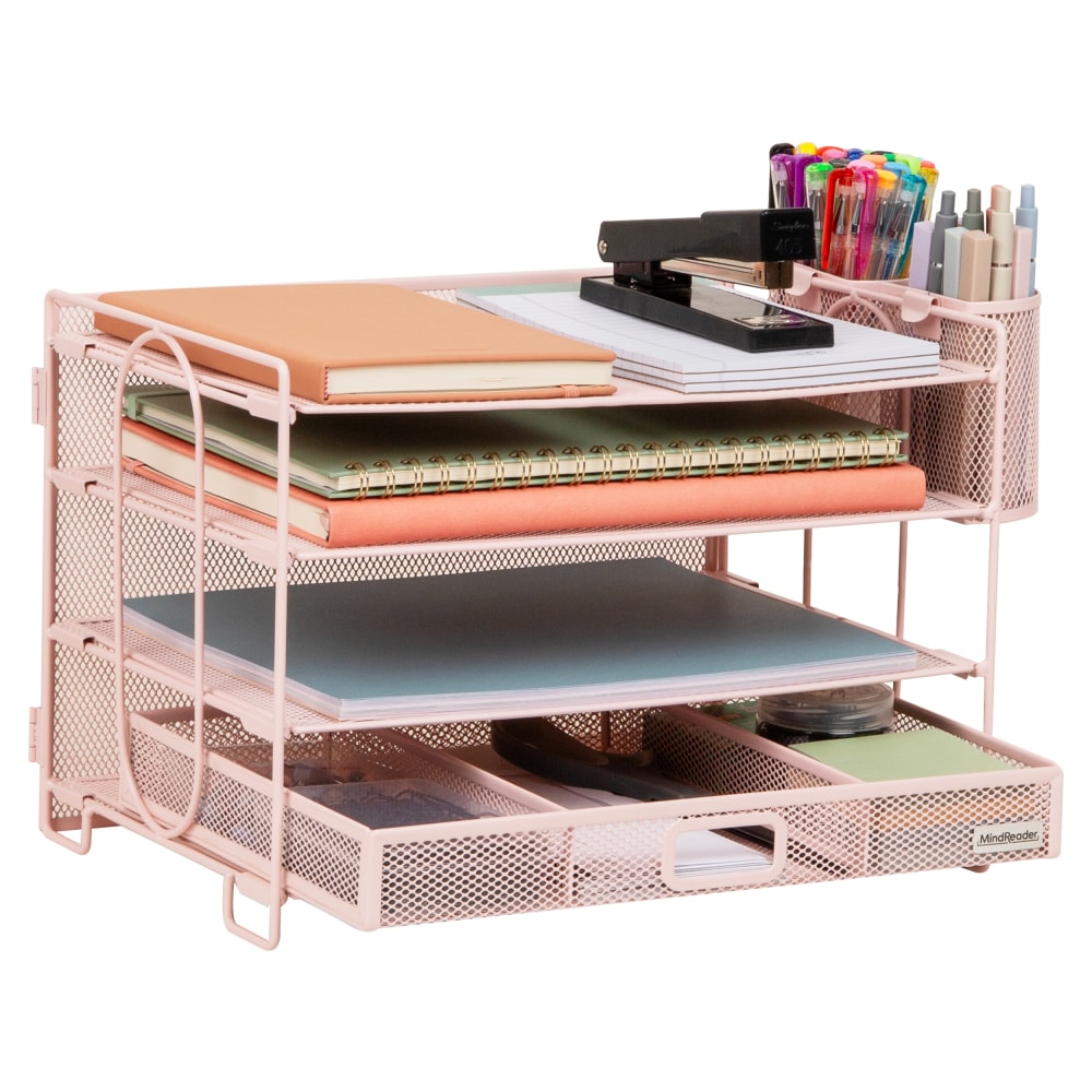 Mind Reader Mesh Desk Organizer, 9inH x 9-1/4inW X 12-3/4inD, Pink