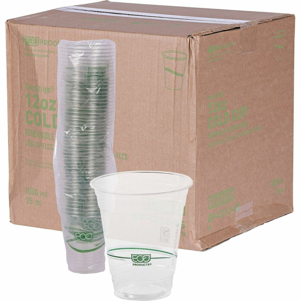 Eco-Products GreenStripe PLA Compostable Cold Cups, 12 Oz, Carton Of 1000