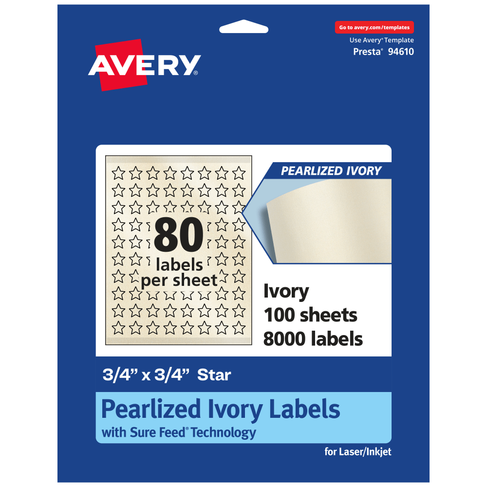 Avery Pearlized Permanent Labels With Sure Feed, 94610-PIP100, Star, 3/4in x 3/4in, Ivory, Pack Of 8,000 Labels