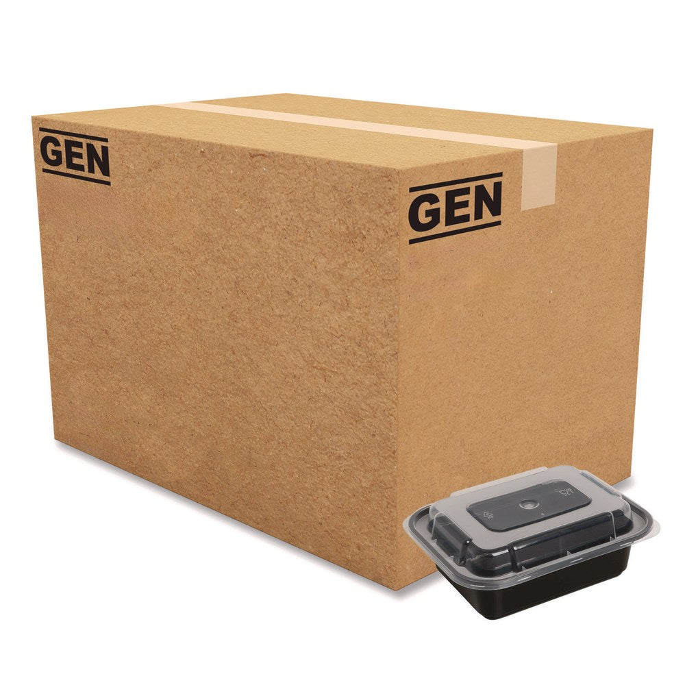 GEN Plastic Food Containers With Lids, 12 Oz, 2-1/4inH x 5-13/16inW x 4-9/16inD, Black/Clear, Pack Of 150 Containers