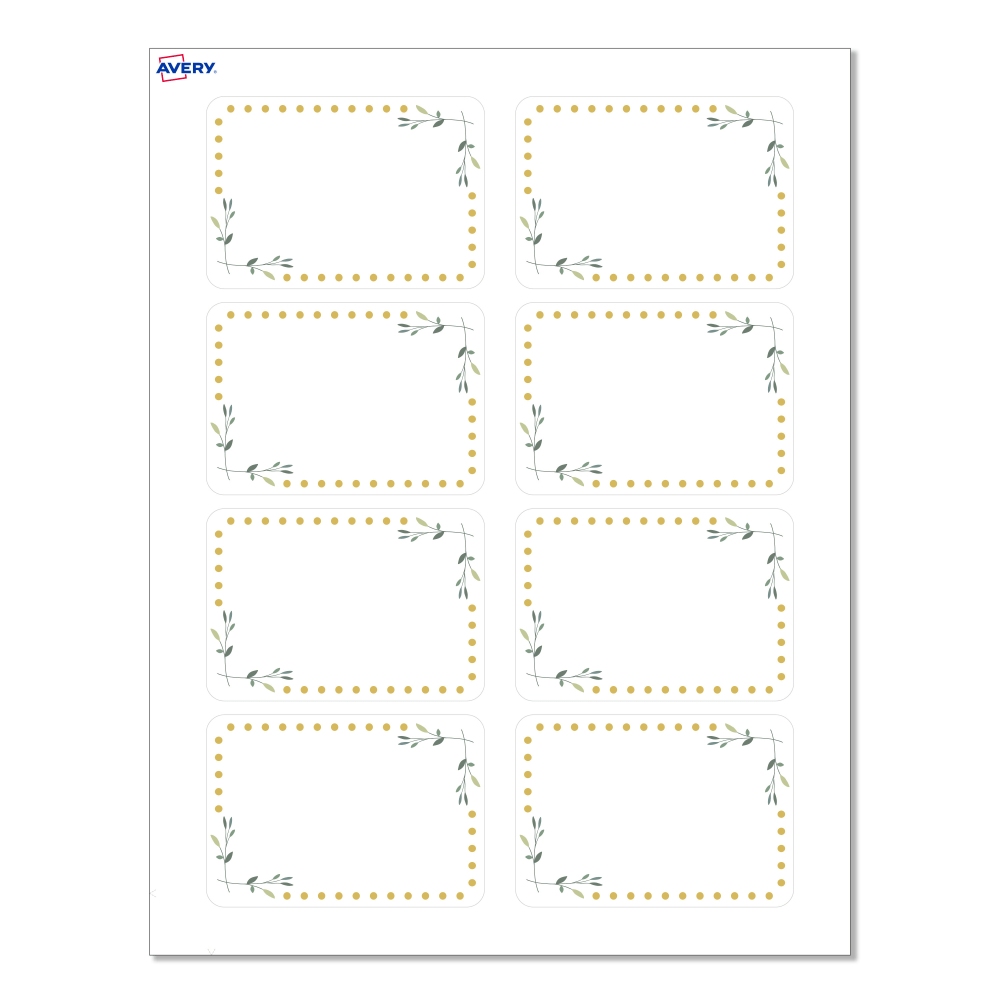 Avery Printable Adhesive Name Badges/Preprinted Designs, Rectangle, S00-EY9, 2-1/3in x 3-3/8in, Matte White/Green Florals/Gold Dots, Pack Of 80