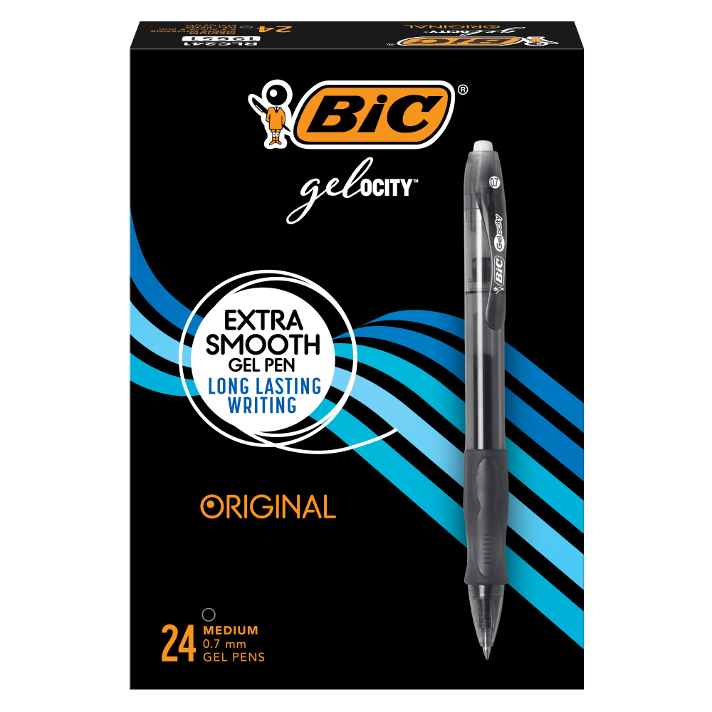 BIC Gelocity Retractable Gel Pens, Medium Point, 0.7 mm, Translucent Barrel, Black Ink, Pack Of 24