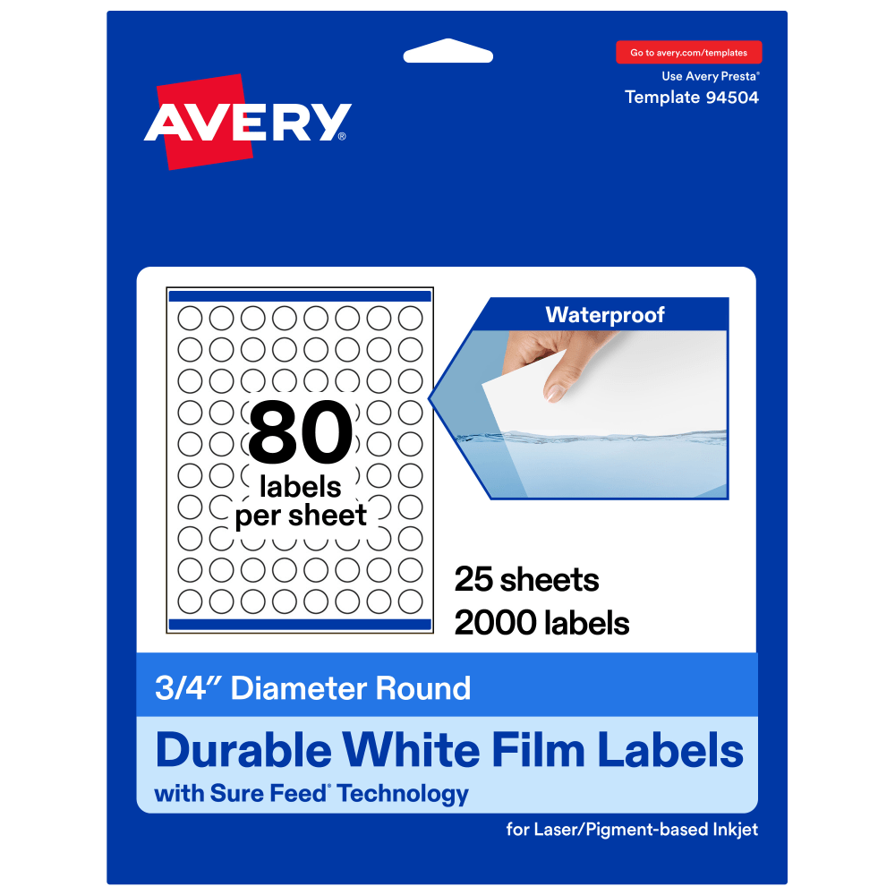 Avery Waterproof Permanent Labels With Sure Feed, 94504-WMF25, Round, 3/4in Diameter, White, Pack Of 2,000
