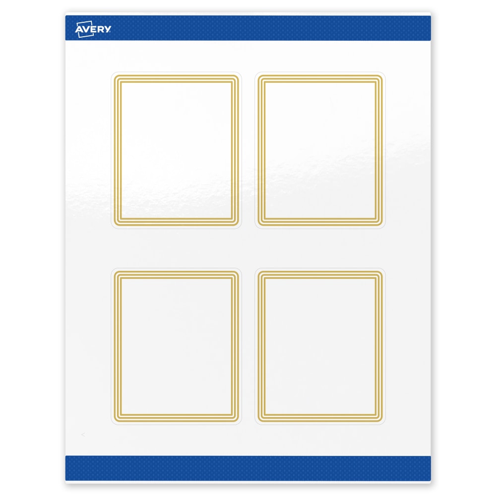 Avery Print-To-The-Edge Labels & Sure Feed, S00-DHG-PRWGP10, 4in x 3-1/3in, Glossy White, Preprinted Multi-Lined Gold Border Design, Pack Of 40