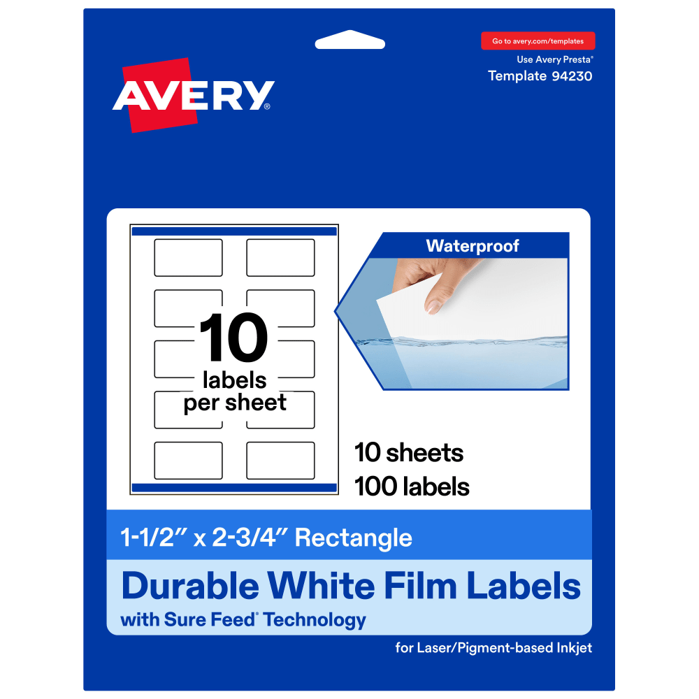 Avery Waterproof Permanent Labels With Sure Feed, 94230-WMF10, Rectangle, 1-1/2in x 2-3/4in, White, Pack Of 100