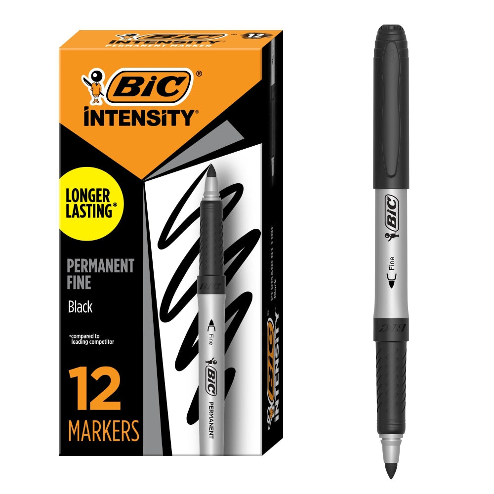BIC Intensity Permanent Markers, Fine Point, Grip Silver Barrel, Black, Pack Of 12