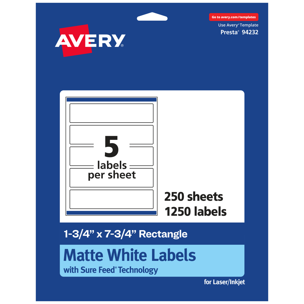Avery Permanent Labels With Sure Feed, 94232-WMP250, Rectangle, 1-3/4in x 7-3/4in, White, Pack Of 1,250