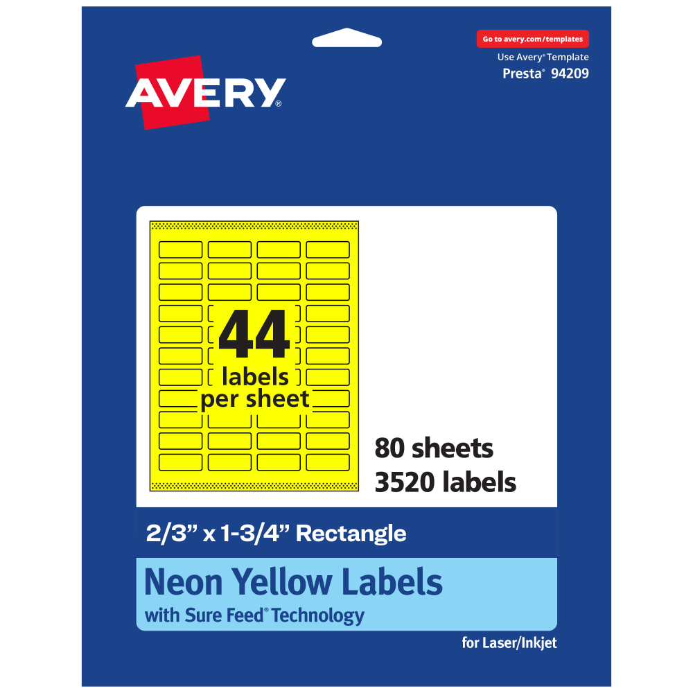 Avery Print-To-The-Edge Labels With Sure Feed Technology And Easy Peel, 94209-NYP80, Rectangle, 2/3in x 1-3/4in, Matte Neon Yellow, Pack of 3520