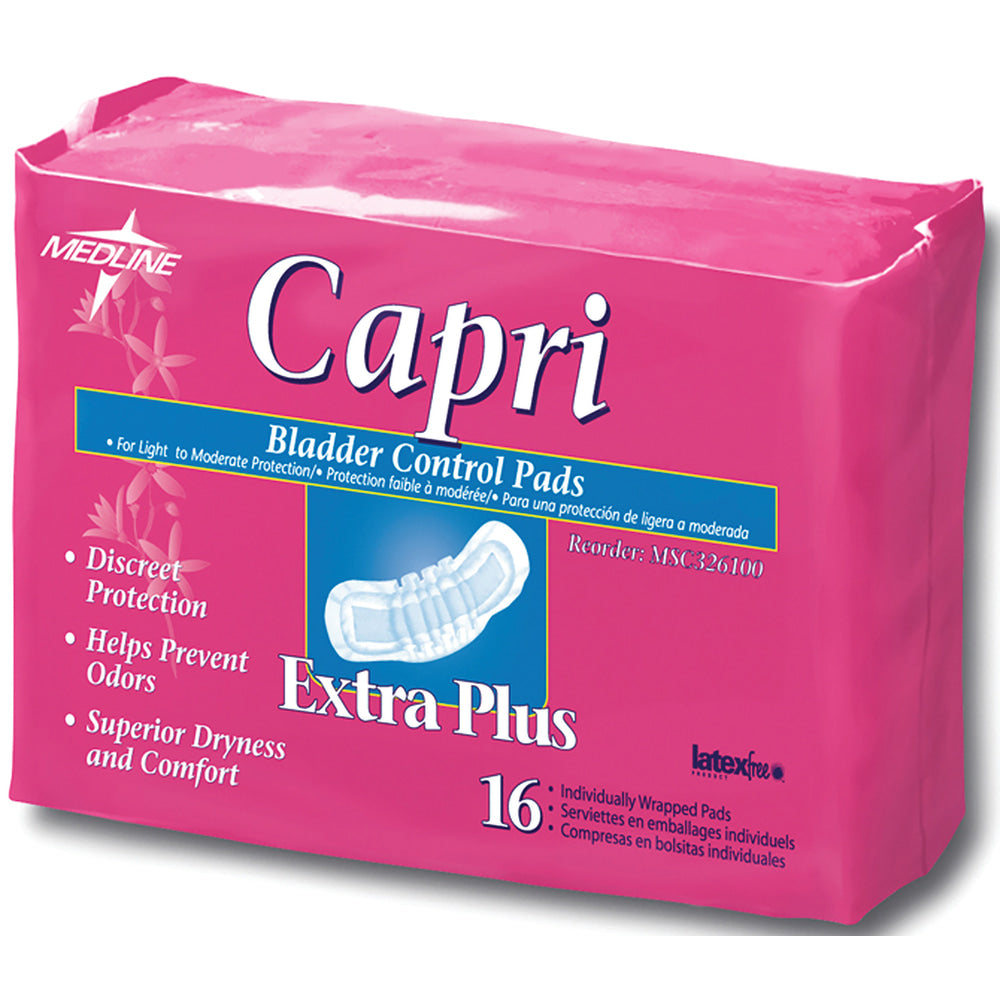 Capri Bladder Control Pads, Extra Plus, 3in x 10 1/2in, White, 16 Pads Per Bag, Case Of 9 Bags