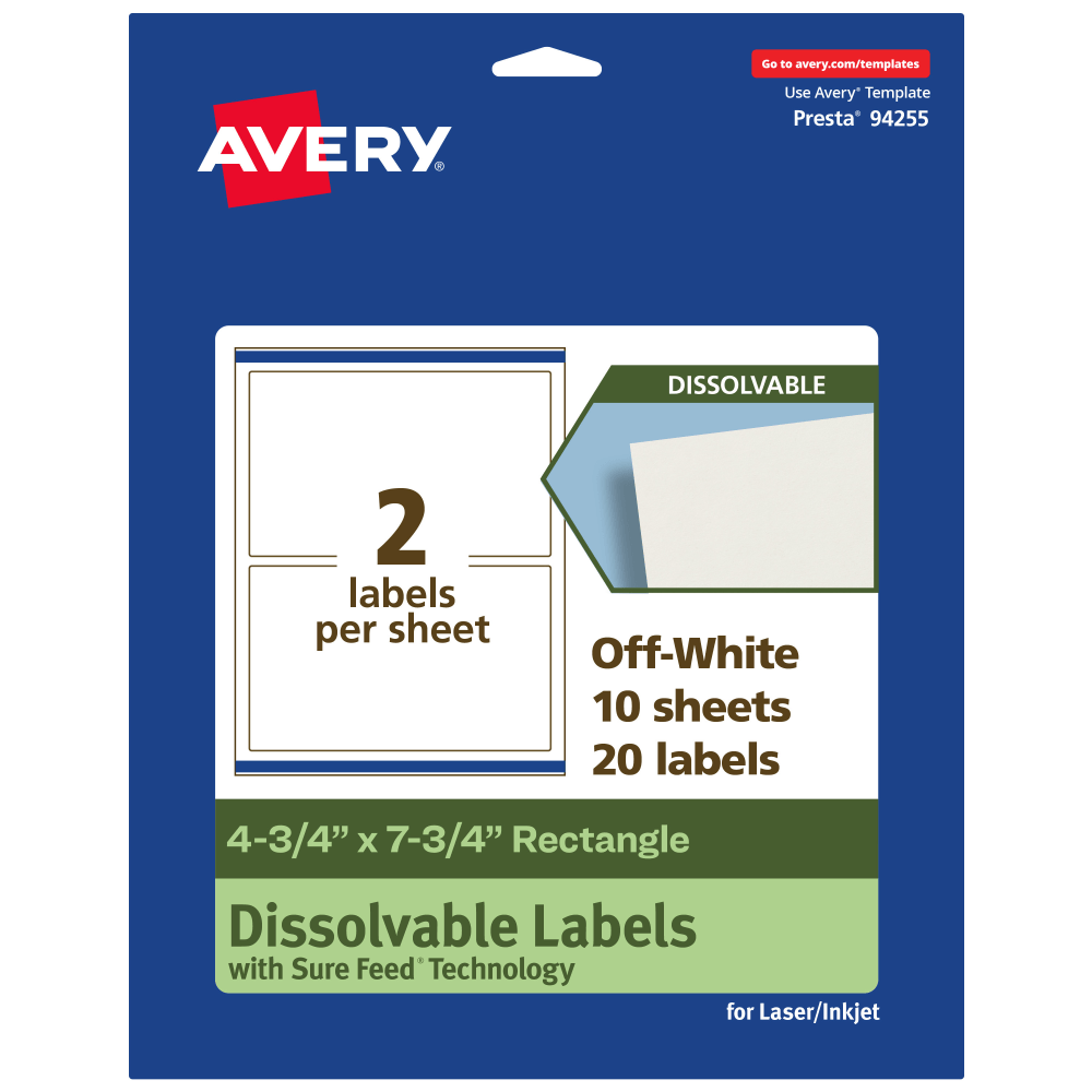 Avery Print-to-the-Edge Dissolvable Labels With Sure Feed Technology, 94255-DWMP10, Rectangle, 4-3/4inx7-3/4in, Matte Off-White, Pack Of 20