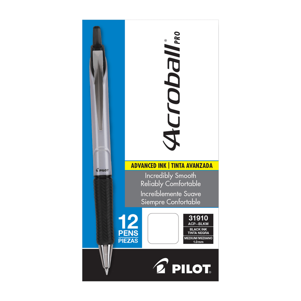 Pilot Acroball Pro Retractable Pens, Medium Point, 1.0 mm, Silver Barrel, Black Ink, Pack Of 12 Pens