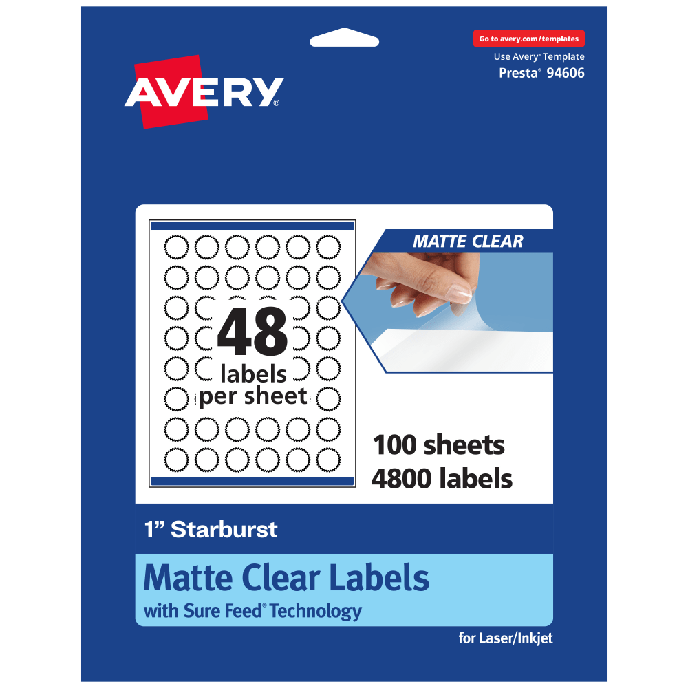 Avery Permanent Labels With Sure Feed, 94606-CMF100, Starburst, 1in, Matte Clear, Pack Of 4,800