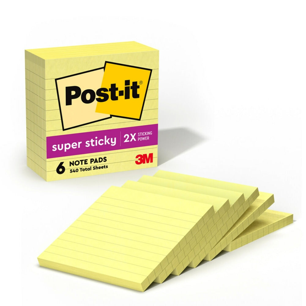 Post-it Super Sticky Notes, 4 x 4 in, 6 Lined Sticky Note Pads, 90 Sheets/Pad, 2X the Sticking Power, School and Office Supplies, Canary Yellow