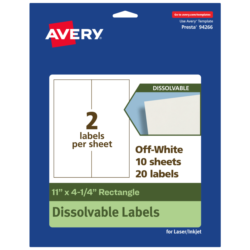 Avery Dissolvable Labels, 94266-DWMP10, Rectangle, 11inx4-1/4in, Matte Off-White, Pack Of 20
