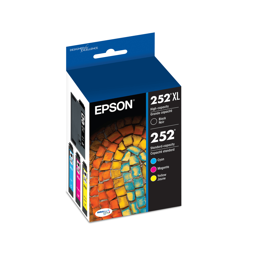 Epson 252XL Black/252 DuraBrite Cyan; Magenta; Yellow High-Yield/Standard Yield Ink Cartridges, Pack Of 4, T252XL-BCS