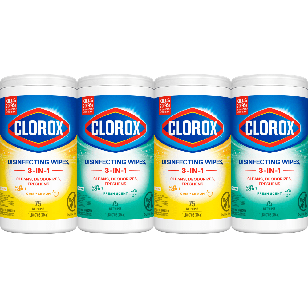 Clorox Disinfecting Cleaning Wipes Variety Pack, Bleach Free, Fresh Scent and Crisp Lemon, 75 Count Each, Pack of 4