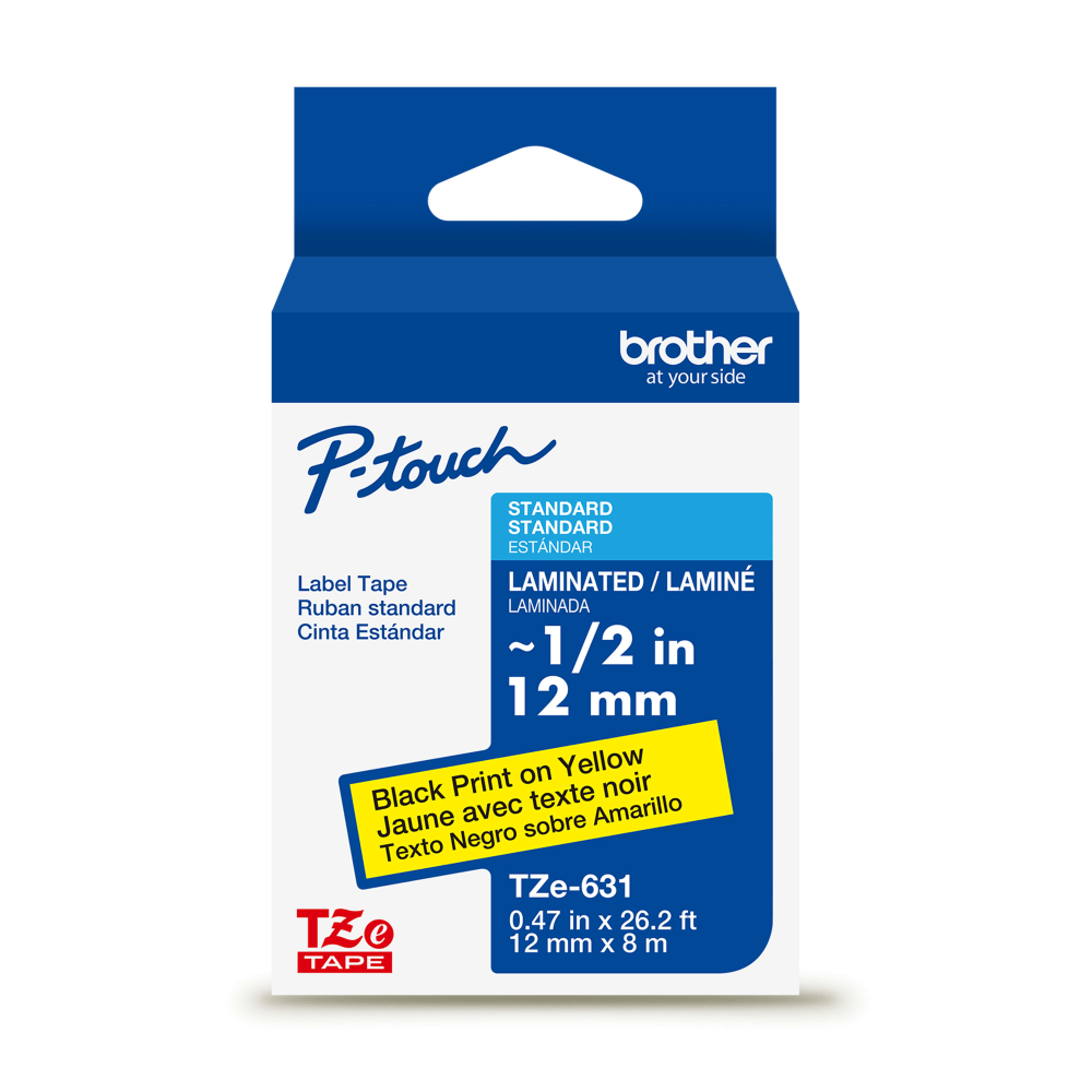 Brother P-touch TZe631, Laminated, 1/2in x 26.2 ft (12mm x 8m), Black on Yellow Label Tape
