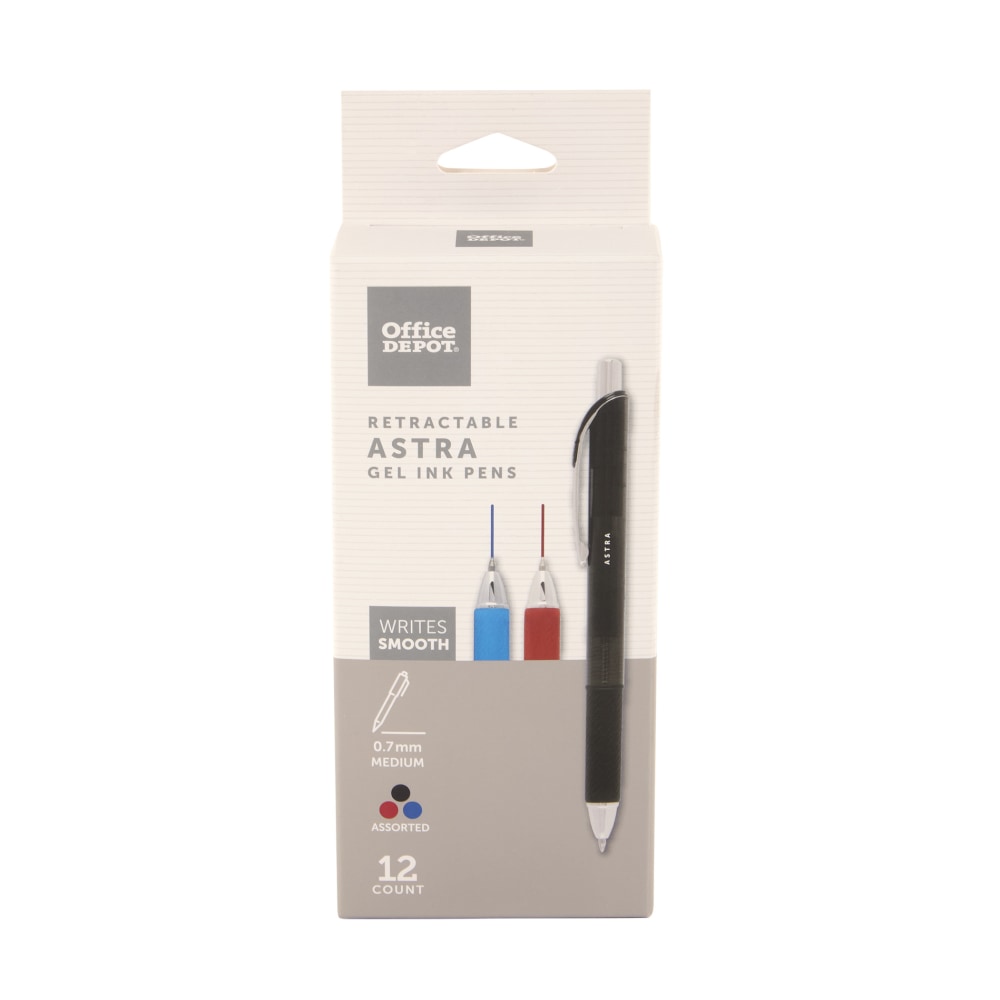 Office Depot Brand Astra Retractable Gel Ink Pens, Medium Point, 0.7 mm, Assorted Barrel Colors, Assorted Ink Colors, Pack Of 12 Pens