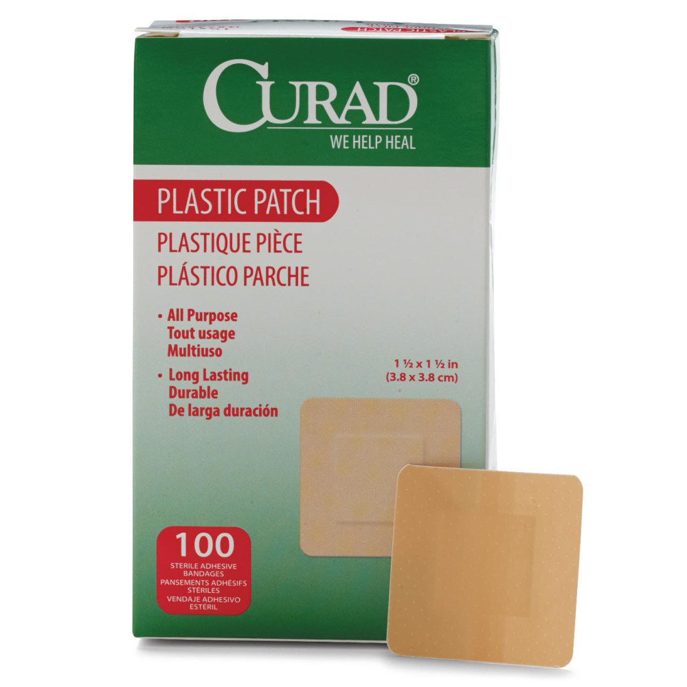 CURAD Plastic Adhesive Bandages, 1 1/2in x 1 1/2in, Tan, 100/Box, Case Of 12 Boxes