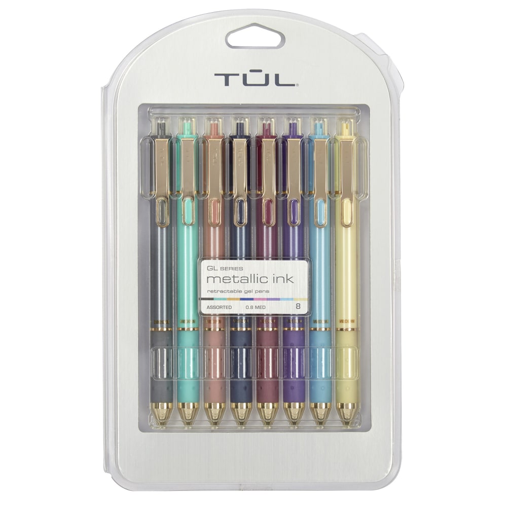 TUL GL Series Retractable Gel Pens, Medium Point, 0.8 mm, Assorted Barrel Colors, Assorted Metallic Inks, Pack Of 8 Pens
